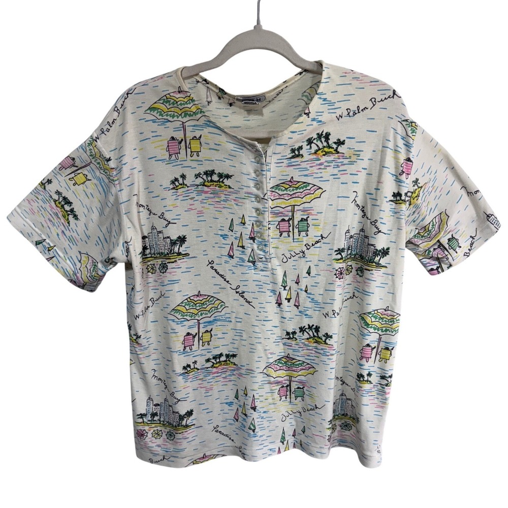 Vintage LOH 40/20W Cream Beach Print Henley Shirt Women's Paradise Island Theme